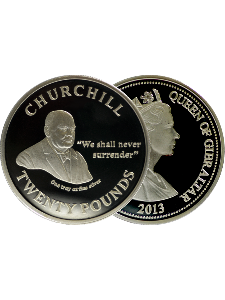 Fine Silver £20 Winston Churchill "We Shall Never Surrender"