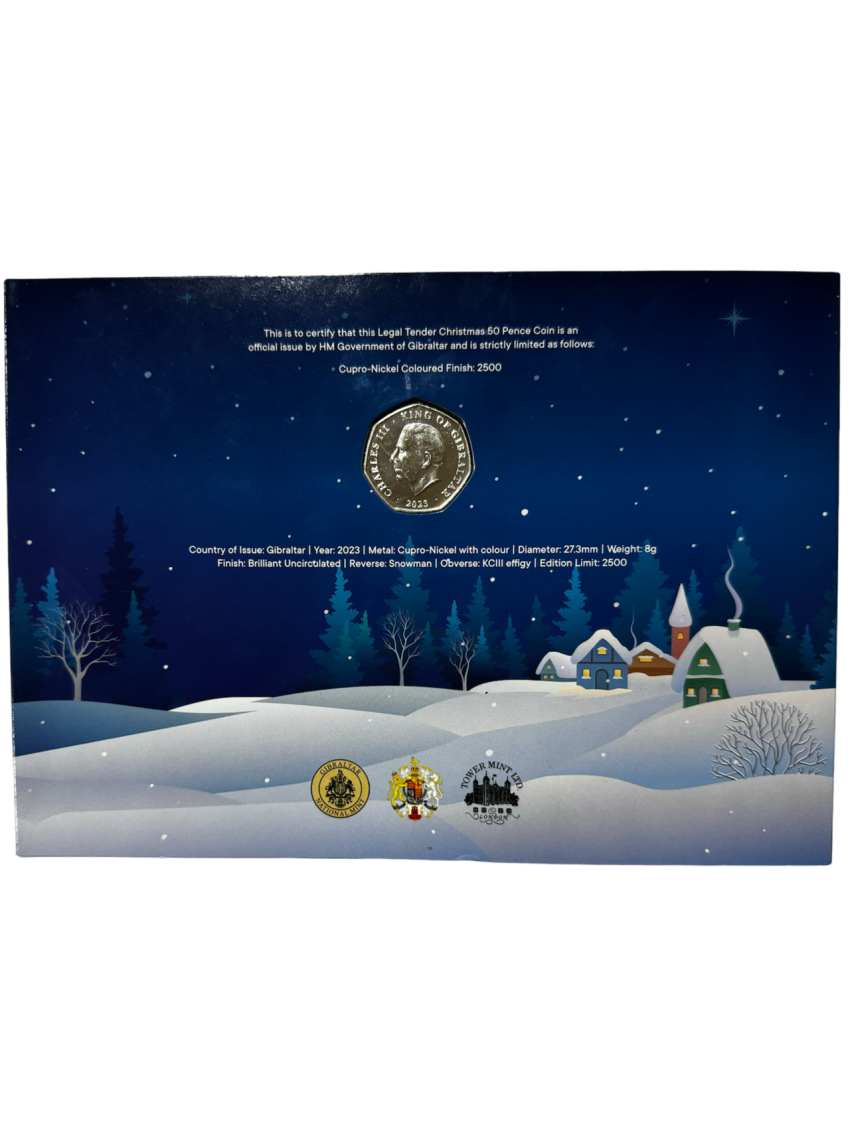 Limited Edition 2023 BU 50p Snowman Coloured Coin & Card